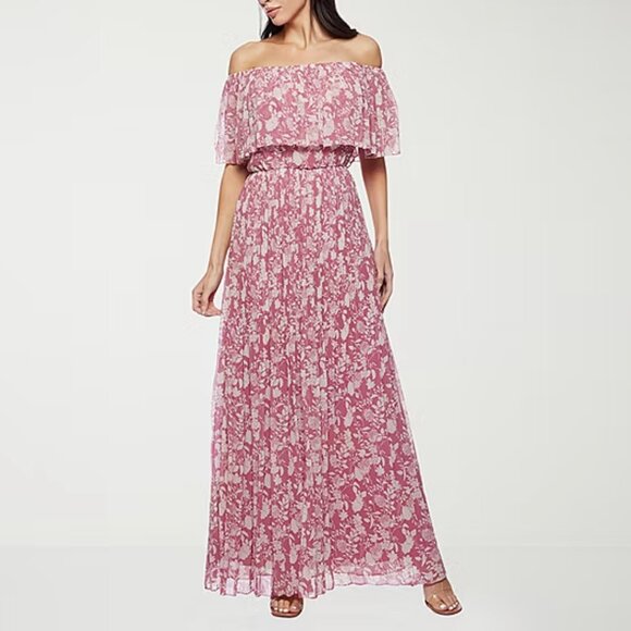 Premier Amour Off The Shoulder Womens Sleeveless Floral Maxi Dress - Mauve Sz 10 - Picture 1 of 6